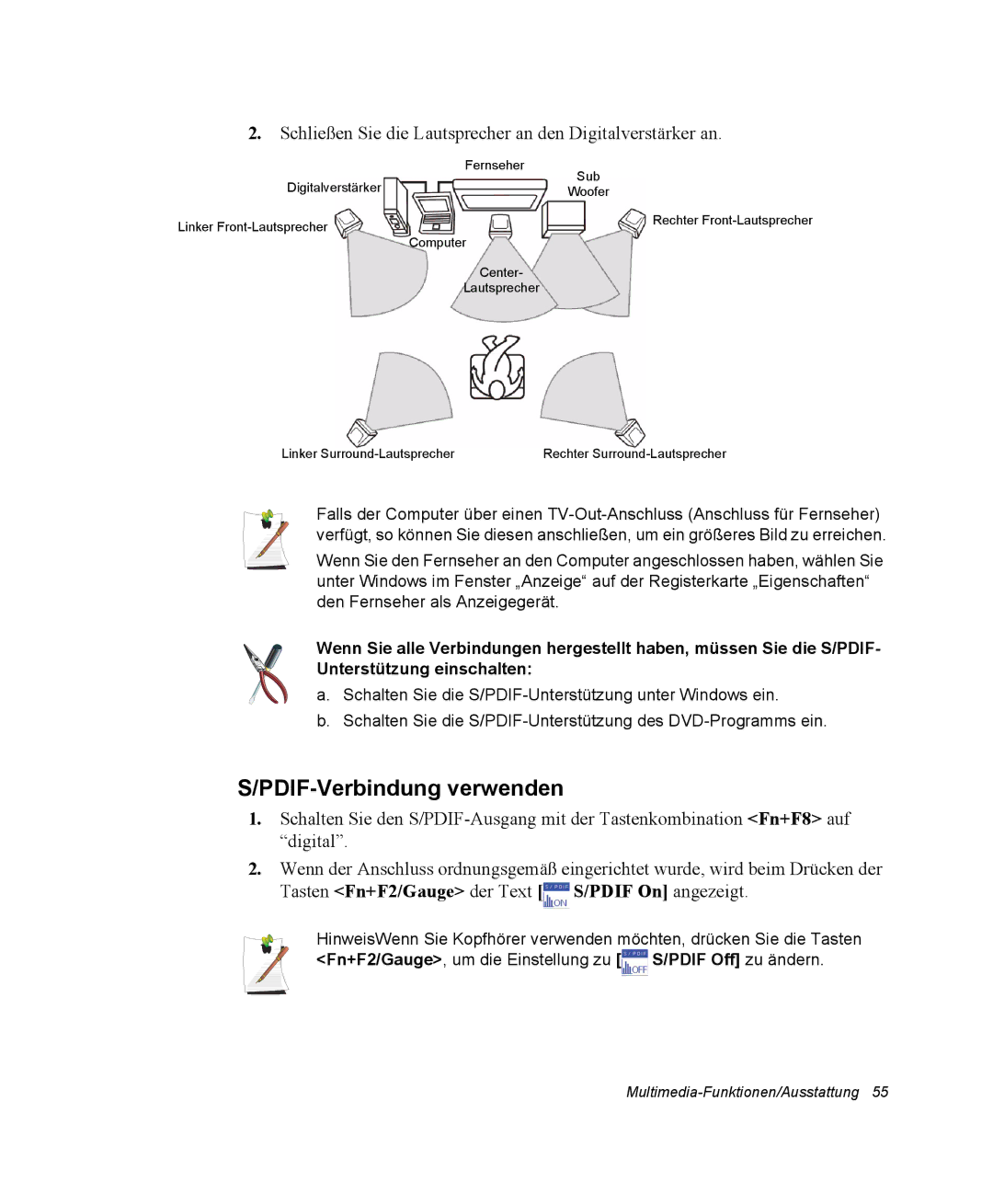 Samsung NP25FP3NP5/SEG manual PDIF-Verbindung verwenden, Schließen Sie die Lautsprecher an den Digitalverstärker an 