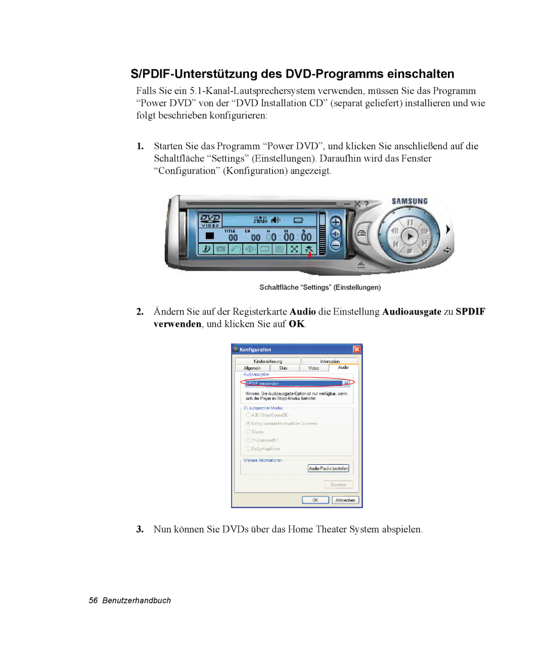 Samsung NP25FP0C4A/SEG, NP25FP3NP5/SEG, NP25FK0BM0/SEG, NP25FK0DA6/SEG manual PDIF-Unterstützung des DVD-Programms einschalten 