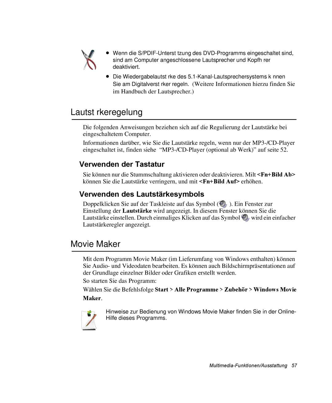 Samsung NP25FK0BM0/SEG manual Lautstärkeregelung, Movie Maker, Verwenden der Tastatur, Verwenden des Lautstärkesymbols 