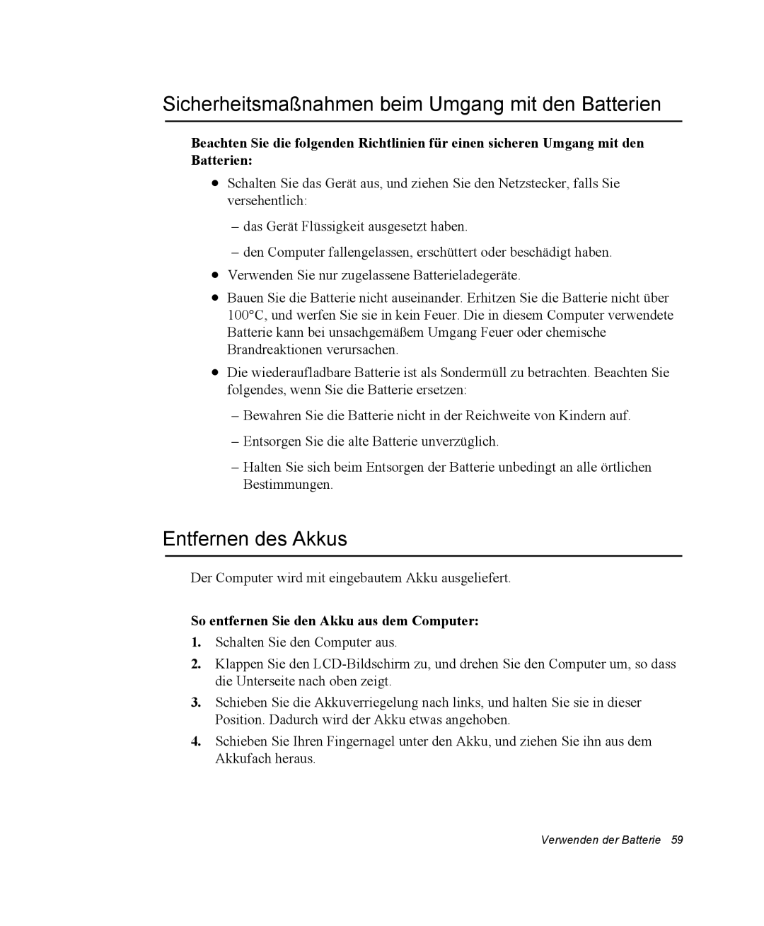 Samsung NP25FP0DA6/SEG, NP25FP3NP5/SEG manual Sicherheitsmaßnahmen beim Umgang mit den Batterien, Entfernen des Akkus 