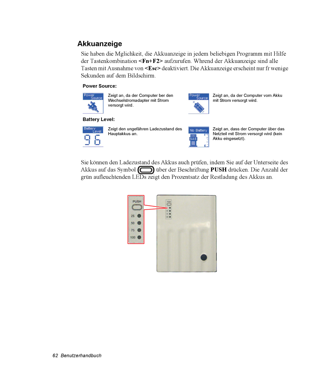 Samsung NP25FP3NP5/SEG, NP25FP0C4A/SEG, NP25FK0BM0/SEG, NP25FK0DA6/SEG, NP25FP0DA6/SEG manual Akkuanzeige, Power Source 