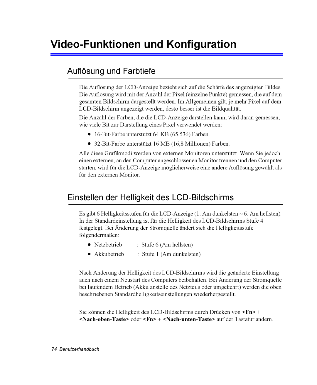 Samsung NP25FK3NP5/SEG, NP25FP3NP5/SEG, NP25FP0C4A/SEG manual Video-Funktionen und Konfiguration, Auflösung und Farbtiefe 