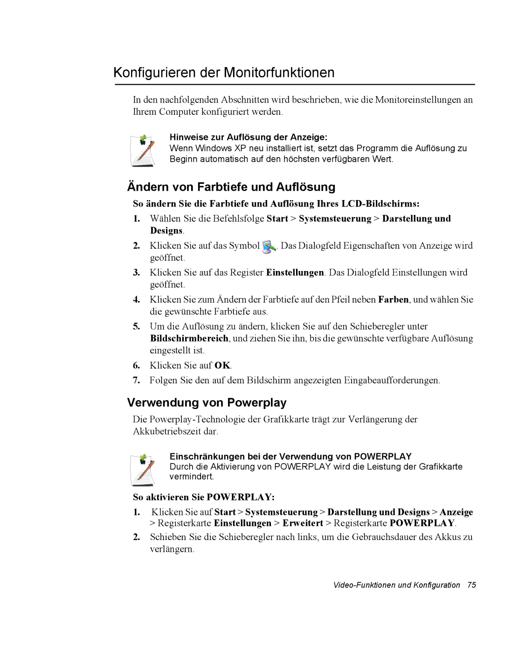 Samsung NP25FP0BM0/SEG Konfigurieren der Monitorfunktionen, Ändern von Farbtiefe und Auflösung, Verwendung von Powerplay 