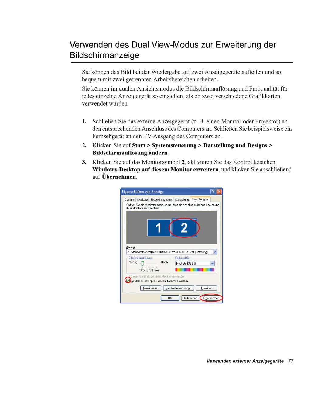 Samsung NP25FP0C4A/SEG, NP25FP3NP5/SEG, NP25FK0BM0/SEG, NP25FK0DA6/SEG, NP25FP0DA6/SEG manual Verwenden externer Anzeigegeräte 