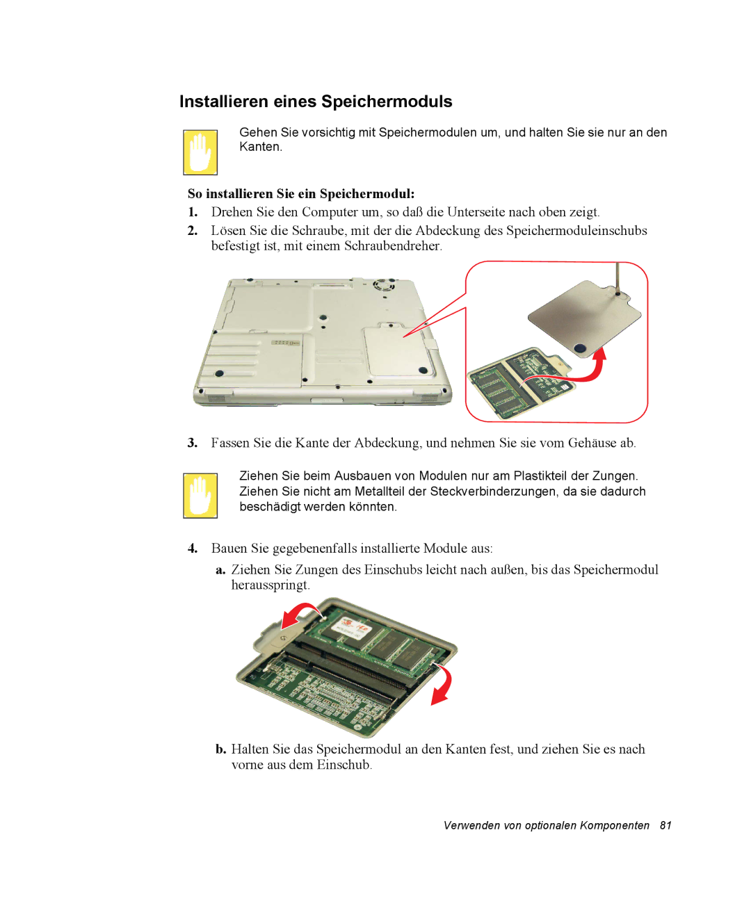 Samsung NP25FK3NP5/SEG, NP25FP3NP5/SEG manual Installieren eines Speichermoduls, So installieren Sie ein Speichermodul 