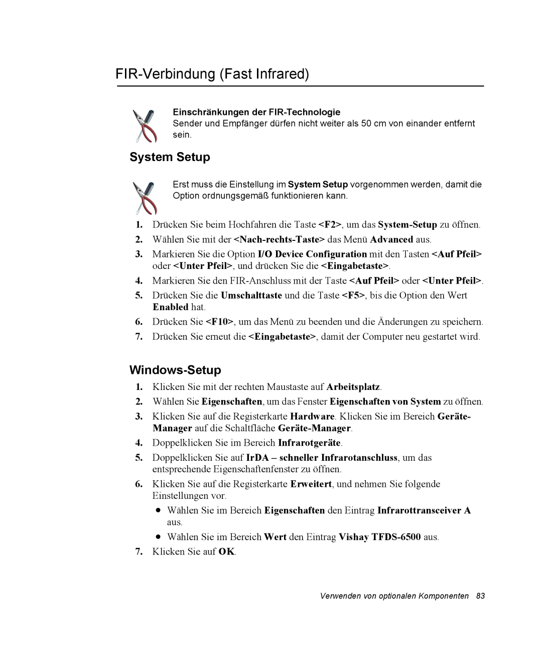 Samsung NP25FP3NP5/SEG FIR-Verbindung Fast Infrared, System Setup, Windows-Setup, Einschränkungen der FIR-Technologie 