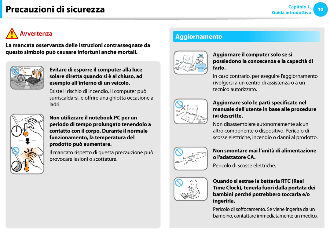 Samsung NP905S3G-K01AE, NP270E5E-K04IT manual Aggiornamento, Non smontare mai l’unità di alimentazione o l’adattatore CA 