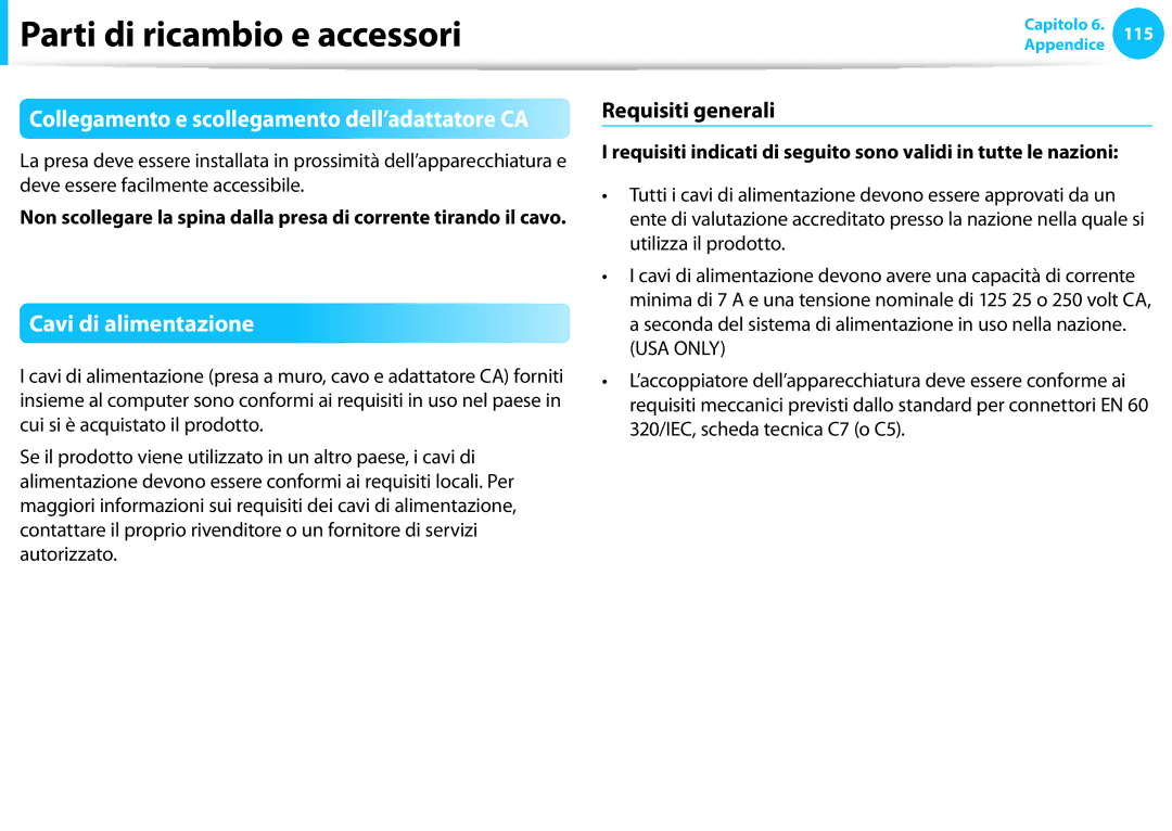 Samsung NP270E5E-K04IT, NP270E5E-K02IT, NP270E5G-K03IT, NP940X3G-K02IT manual Cavi di alimentazione, Requisiti generali 