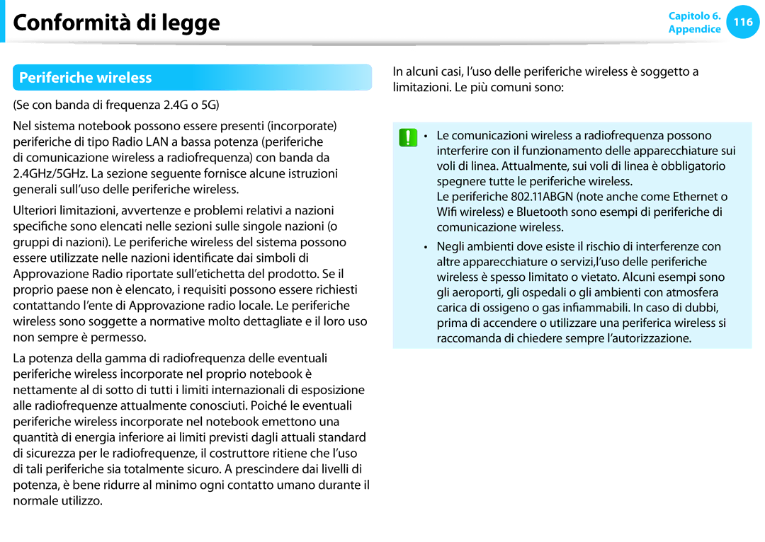 Samsung NP270E5E-K02IT, NP270E5E-K04IT manual Conformità di legge, Periferiche wireless, Se con banda di frequenza 2.4G o 5G 