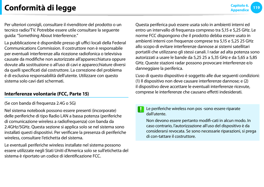 Samsung NP270E5E-X01TR, NP270E5E-K04IT manual Interferenze volontarie FCC, Parte, Se con banda di frequenza 2.4G o 5G 