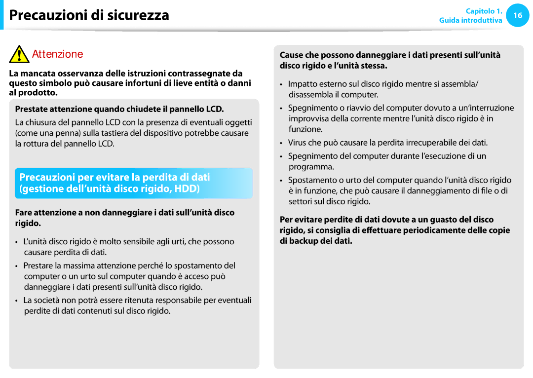 Samsung NP900X3G-K02IT, NP270E5E-K04IT, NP270E5E-K02IT, NP270E5G-K03IT, NP940X3G-K02IT manual Precauzioni di sicurezza 