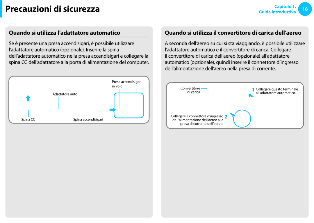 Samsung NP270E5E-K01IT Quando si utilizza l’adattatore automatico, Quando si utilizza il convertitore di carica dell’aereo 