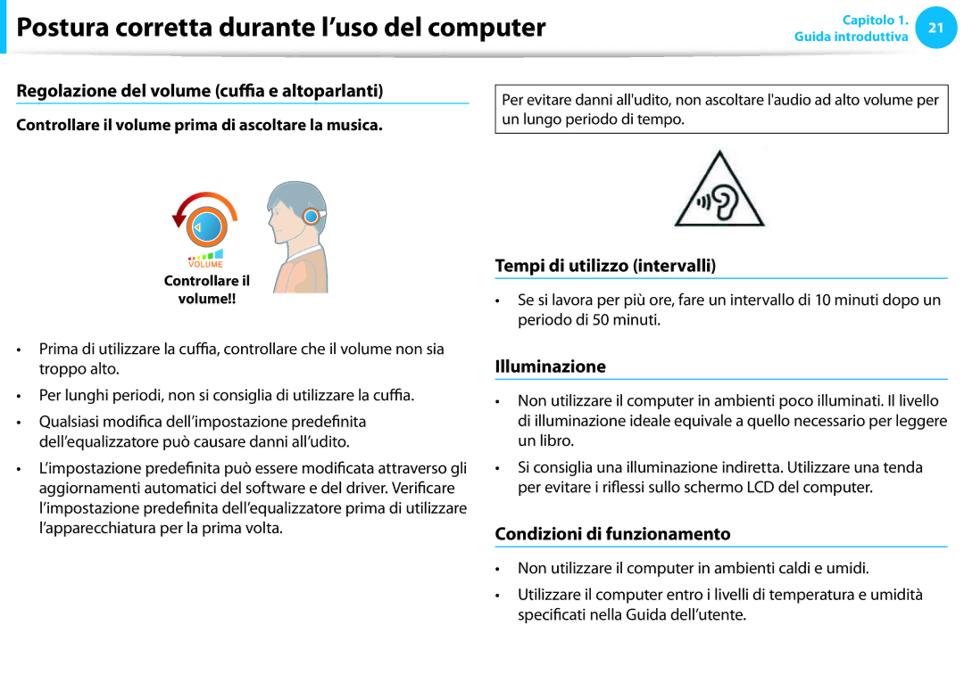 Samsung NP910S5J-K01IT manual Regolazione del volume cuffia e altoparlanti, Tempi di utilizzo intervalli, Illuminazione 