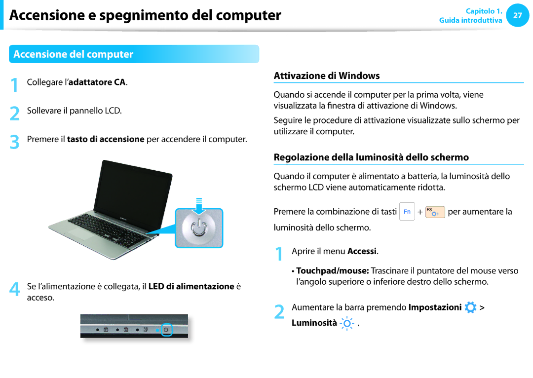 Samsung NP270E5G-K04IT manual Accensione e spegnimento del computer, Accensione del computer, Attivazione di Windows 