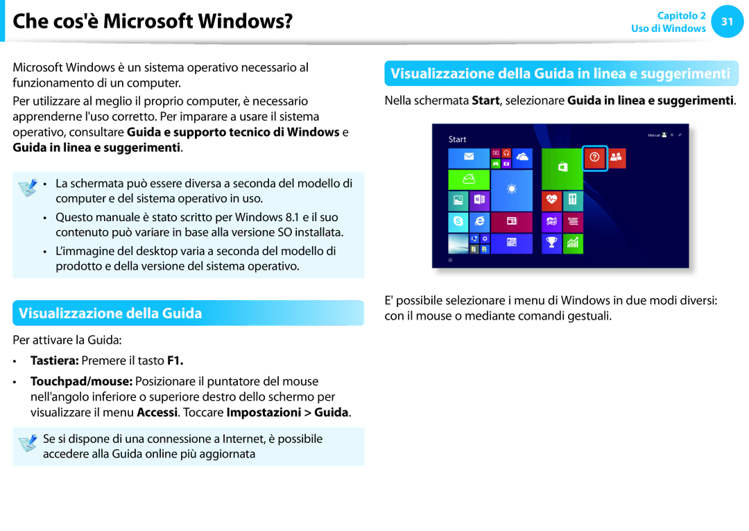 Samsung NP940X3G-K02IT, NP270E5E-K04IT, NP270E5E-K02IT manual Che cosè Microsoft Windows?, Visualizzazione della Guida 