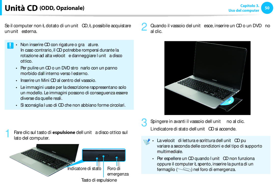 Samsung NP910S5J-K01IT manual Inserimento ed espulsione di un CD, Tasto di espulsione, Fermaglio nel foro di emergenza 