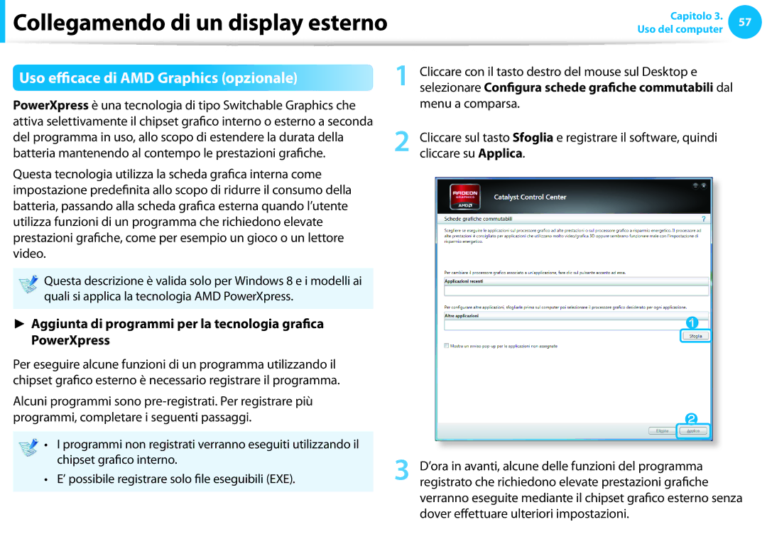 Samsung NP270E5E-K04IT manual Uso efficace di AMD Graphics opzionale, Cliccare con il tasto destro del mouse sul Desktop e 