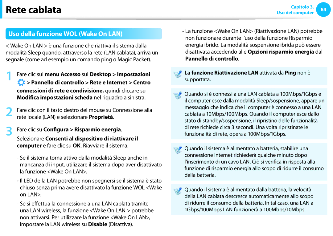 Samsung NP270E5E-K03IT, NP270E5E-K04IT manual Uso della funzione WOL Wake On LAN, Rete locale LAN e selezionare Proprietà 