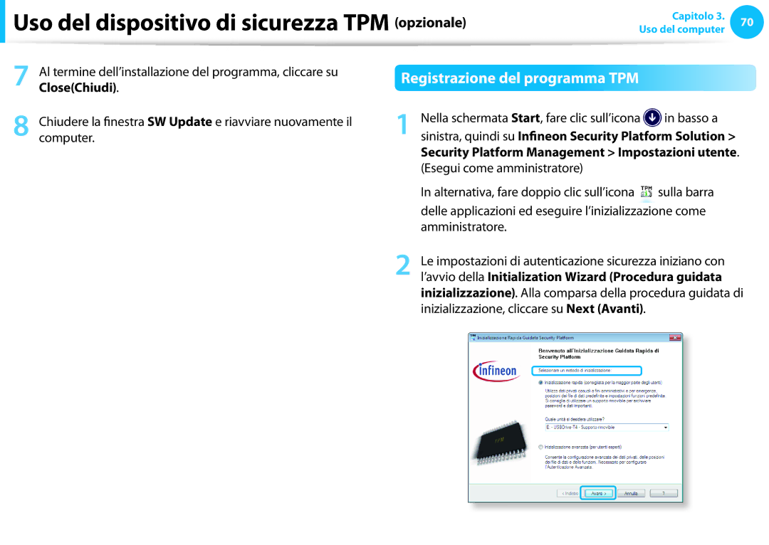 Samsung NP270E5G-X02IT manual Registrazione del programma TPM, Nella schermata Start, fare clic sull’icona Basso a 