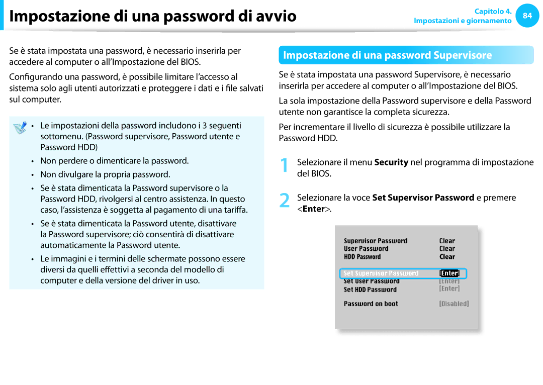 Samsung NP905S3G-K01PL manual Impostazione di una password di avvio, Impostazione di una password Supervisore, Enter 