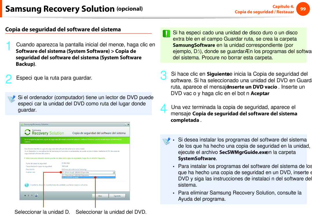 Samsung NP270E5E-X01ES manual Copia de seguridad del software del sistema, Backup, Especifique la ruta para guardar 