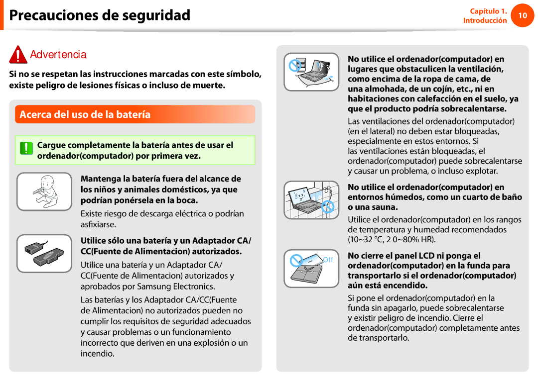 Samsung NP270E5E-K01ES manual Acerca del uso de la batería, Existe riesgo de descarga eléctrica o podrían asfixiarse 