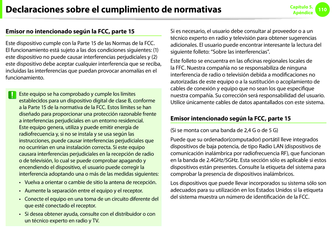 Samsung NP270E5E-K08ES, NP270E5E-X03ES Emisor no intencionado según la FCC, parte, Emisor intencionado según la FCC, parte 