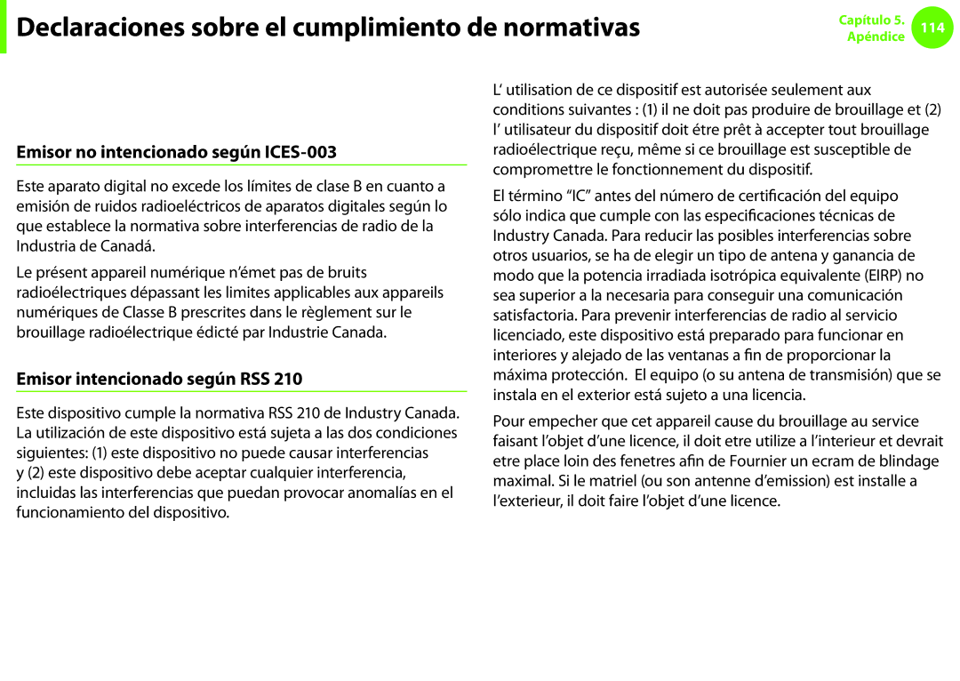 Samsung NP270E5E-K03ES, NP270E5E-X03ES manual Canadá, Emisor no intencionado según ICES-003, Emisor intencionado según RSS 