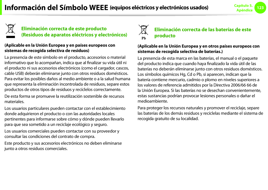 Samsung NP270E5E-K02ES, NP270E5E-X03ES, NP270E5E-X02ES manual Eliminación correcta de las baterías de este Pb producto 