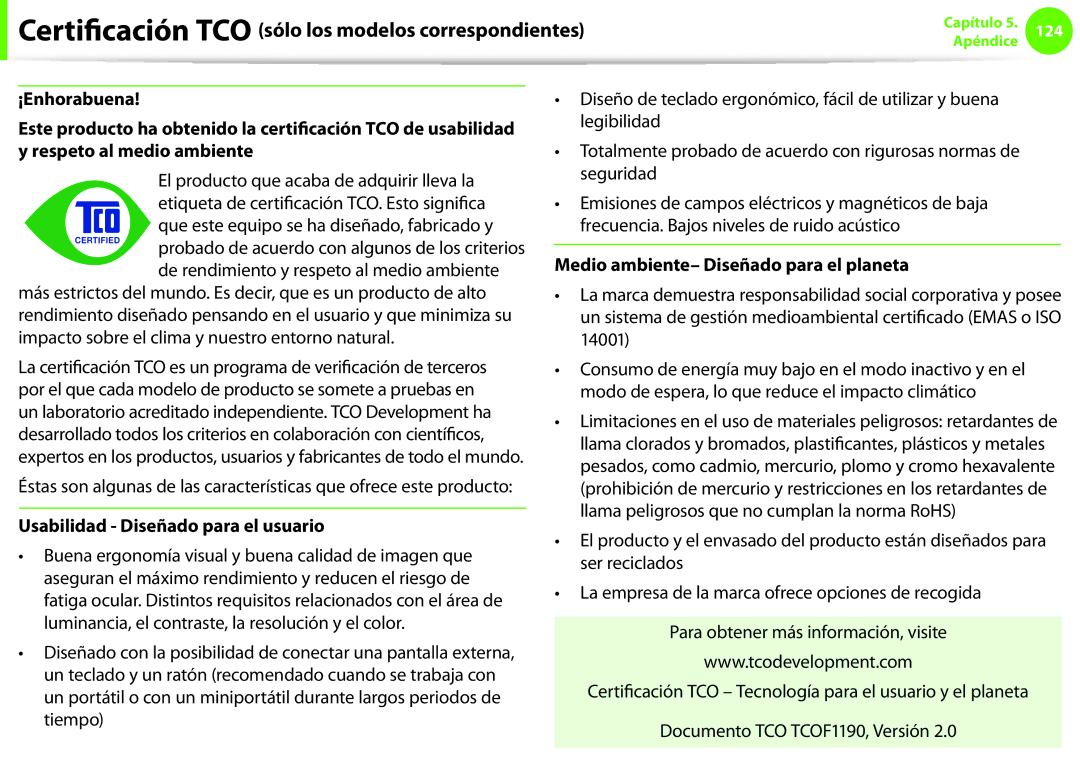 Samsung NP270E5E-K08ES manual Certificación TCO sólo los modelos correspondientes, Usabilidad Diseñado para el usuario 