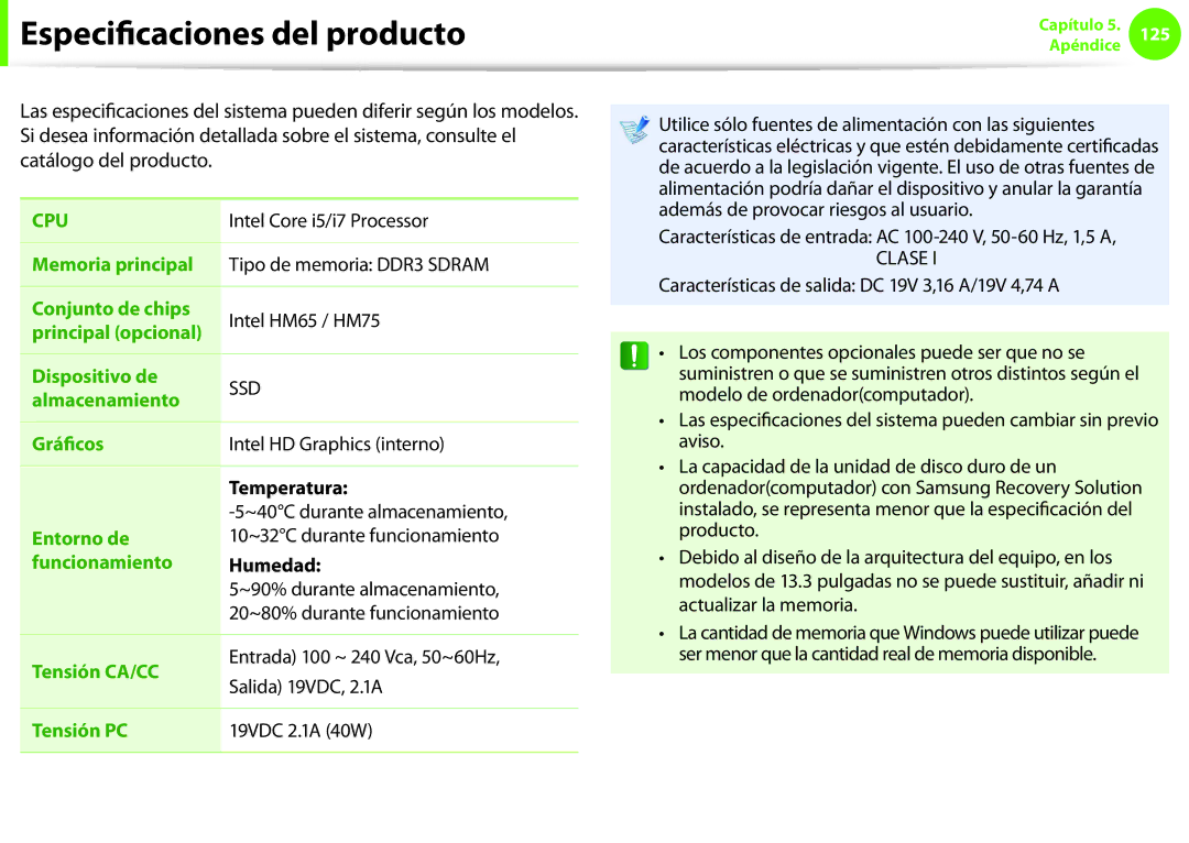 Samsung NP270E5E-X03ES, NP270E5E-X02ES, NP270E5E-X01ES, NP270E5E-K03ES Especicaciones del producto, Temperatura, Humedad 