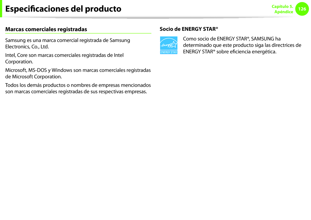 Samsung NP270E5E-X02ES, NP270E5E-X03ES, NP270E5E-X01ES manual Especificaciones del producto, Marcas comerciales registradas 