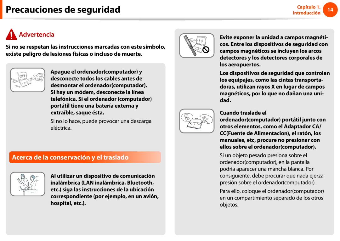 Samsung NP270E5E-X02ES manual Acerca de la conservación y el traslado, Si no lo hace, puede provocar una descarga eléctrica 