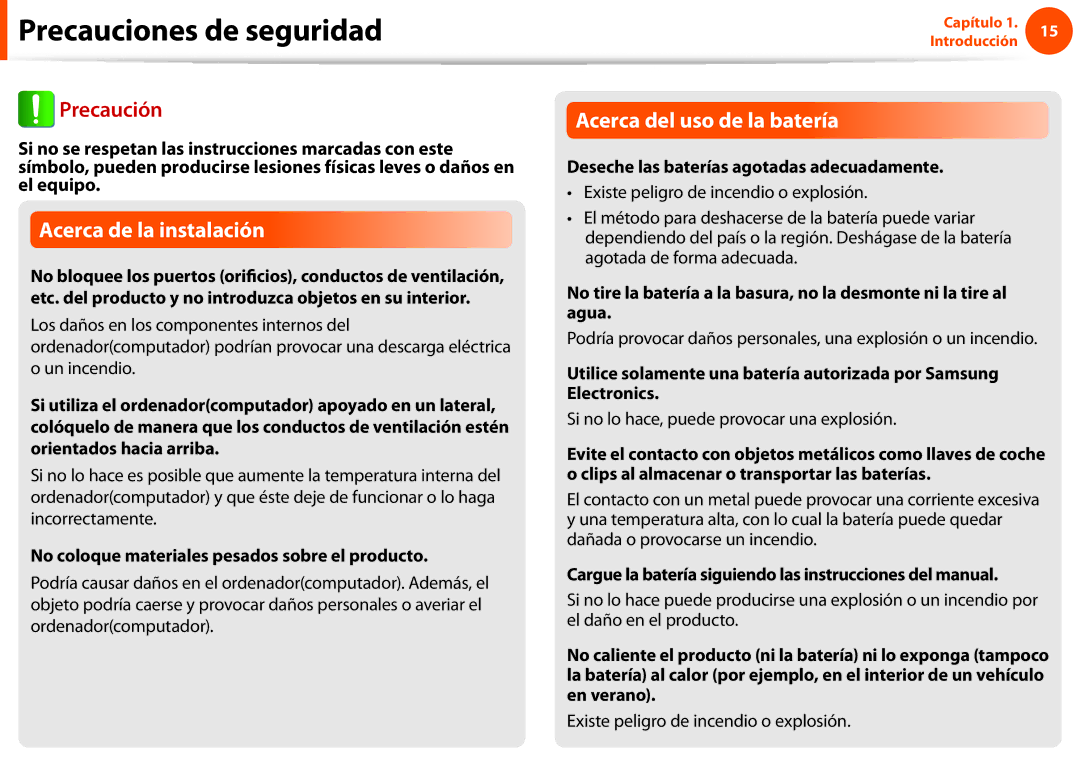 Samsung NP270E5E-X01ES manual No coloque materiales pesados sobre el producto, Deseche las baterías agotadas adecuadamente 