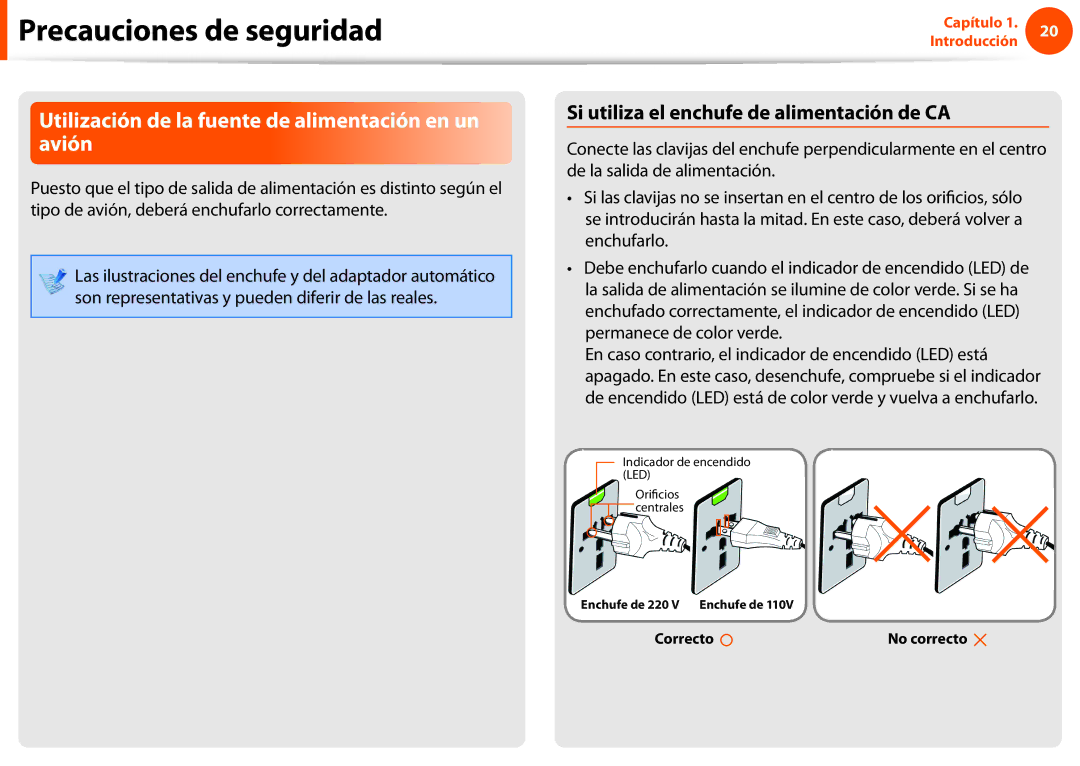 Samsung NP270E5E-X03ES Utilización de la fuente de alimentación en un avión, Si utiliza el enchufe de alimentación de CA 