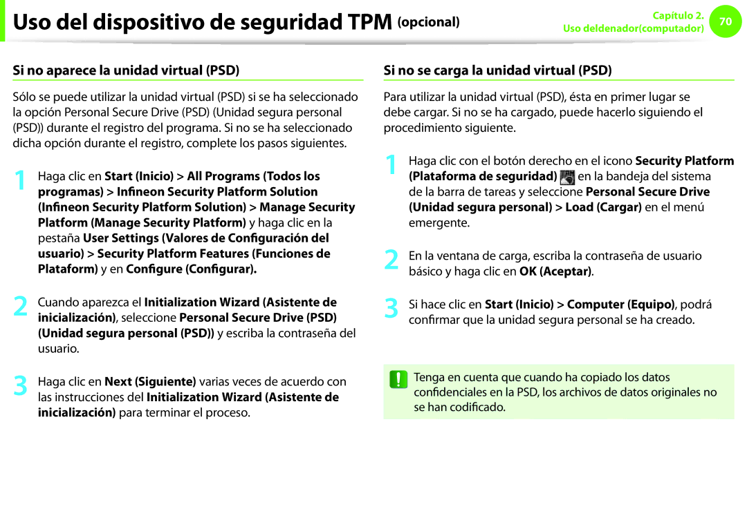 Samsung NP270E5E-X02ES Plataforma de seguridad en la bandeja del sistema, Unidad segura personal Load Cargar en el menú 