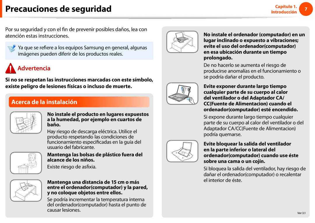 Samsung NP270E5E-X02ES, NP270E5E-X03ES manual Precauciones de seguridad, Acerca de la instalación, Existe riesgo de asfixia 