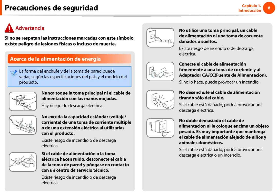 Samsung NP270E5E-X01ES, NP270E5E-X03ES manual Acerca de la alimentación de energía, Hay riesgo de descarga eléctrica 