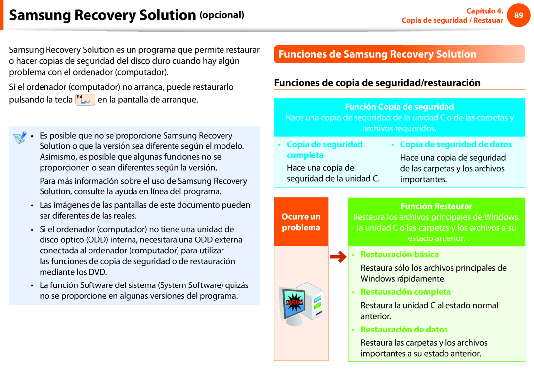 Samsung NP270E5E-K08ES, NP270E5E-X03ES manual Samsung Recovery Solution opcional, Funciones de Samsung Recovery Solution 