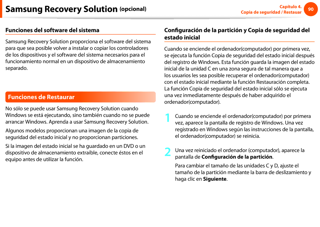 Samsung NP270E5E-X03ES, NP270E5E-X02ES, NP270E5E-X01ES manual Funciones de Restaurar, Funciones del software del sistema 