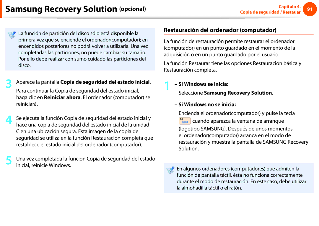Samsung NP270E5E-X02ES manual Restauración del ordenador computador, Si Windows se inicia, Si Windows no se inicia 