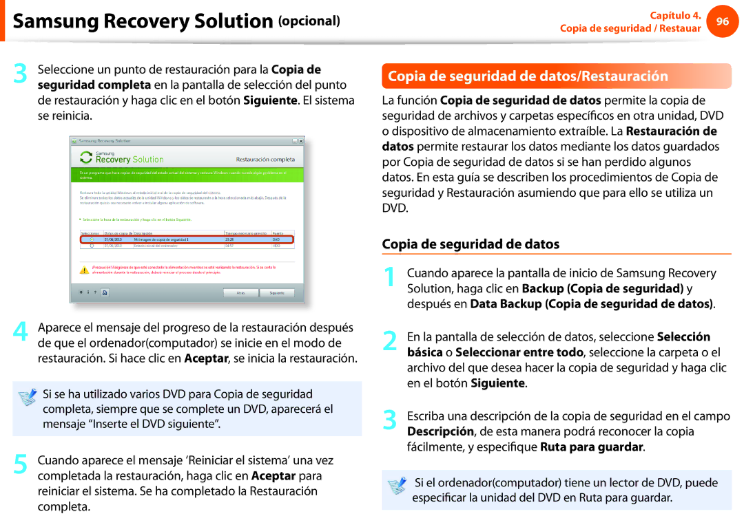 Samsung NP270E5E-K08ES manual Copia de seguridad de datos/Restauración, Solution, haga clic en Backup Copia de seguridad y 