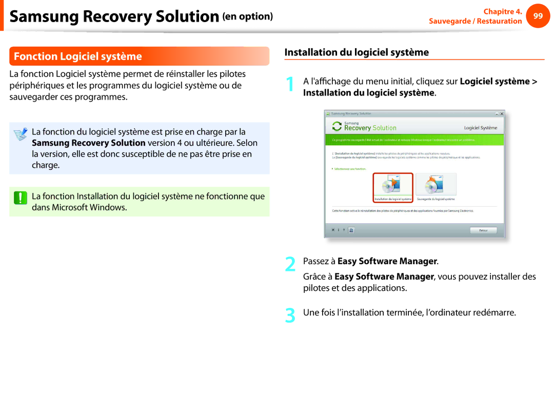 Samsung NP270E5E-X04FR manual Fonction Logiciel système, Passez à Easy Software Manager, Pilotes et des applications 