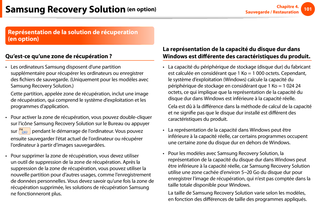 Samsung NP270E5E-X06FR Représentation de la solution de récuperation en option, Qu’est-ce qu’une zone de récupération ? 