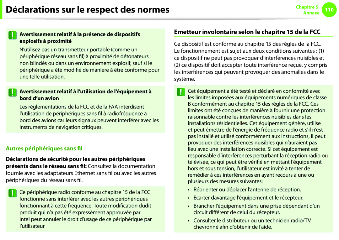 Samsung NP270E5E-K05FR, NP270E5E-X05FR Emetteur involontaire selon le chapitre 15 de la FCC, Autres périphériques sans fil 