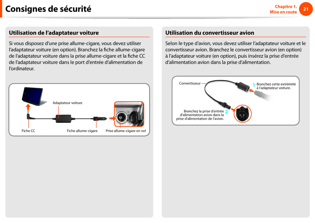 Samsung NP270E5E-K02FR, NP270E5E-X05FR manual Utilisation de l’adaptateur voiture, Utilisation du convertisseur avion 