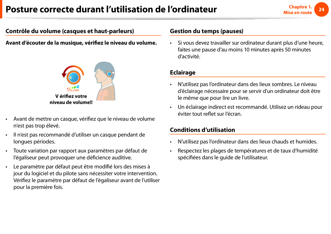 Samsung NP270E5E-K04FR, NP270E5E-X05FR Contrôle du volume casques et haut-parleurs, Eclairage, Conditions d’utilisation 