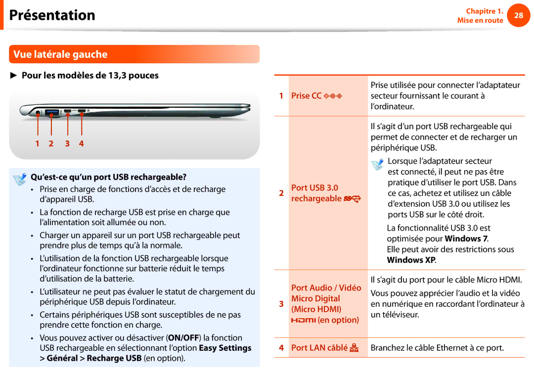 Samsung NP270E5E-K08FR, NP270E5E-X05FR manual Vue latérale gauche, Qu’est-ce qu’un port USB rechargeable?, Windows XP 