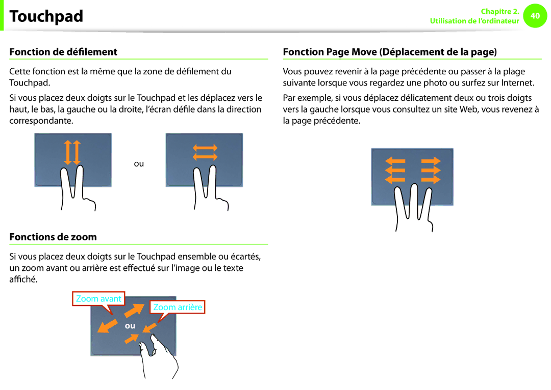 Samsung NP910S5J-K01FR, NP270E5E-X05FR Fonction de défilement, Fonction Page Move Déplacement de la, Fonctions de zoom 
