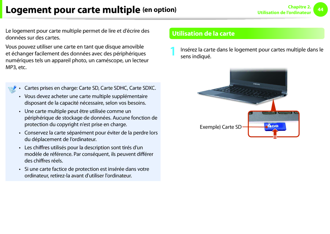 Samsung NP270E5E-X01FR, NP270E5E-X05FR, NP270E5E-K06FR manual Logement pour carte multiple en option, Données sur des cartes 